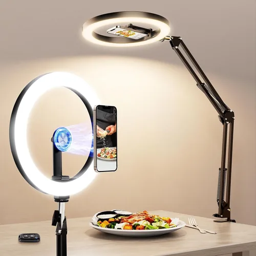 Vista 10 de LUXSURE Trípode de luz de anillo para iPhone, anillo de luz con soporte y soporte para teléfono, soporte de cámara LED con ruedas, trípode