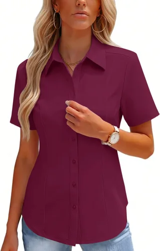 Vista 13 de HOTOUCH Camisas con botones para mujer, manga corta, elástica, sin arrugas, blusas formales de trabajo, blusas de verano, tallas S-2XL