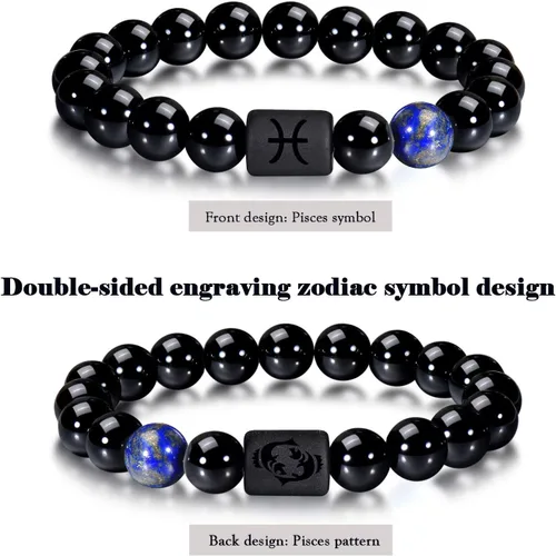 Vista 2 de VLINRAS - Pulsera de signo del zodiaco, para hombre y mujer, de 0.315 y 0.394 pulgadas, ónice negro natural, signo de estrella, constelación