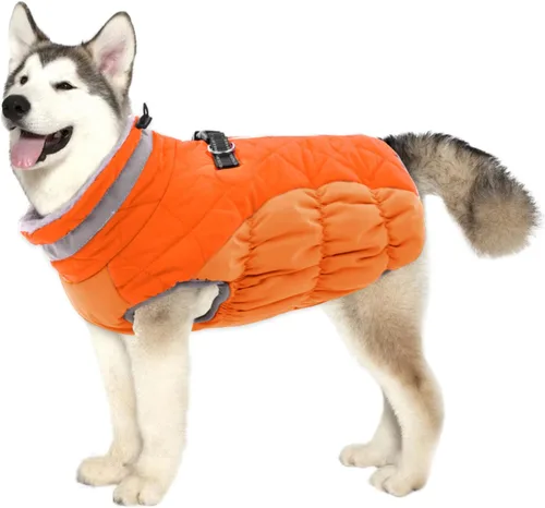 Vista 58 de Lelepet Abrigo cálido para perro, abrigo de invierno para perro, chaqueta impermeable para perros con arnés integrado reflectante de forro polar