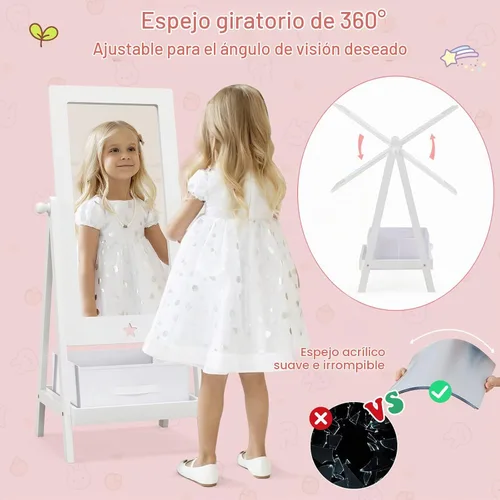 Vista 2 de Costzon Espejo de longitud completa para niños, espejo de pie de princesa con estante de almacenamiento y cesta, espejo rectangular giratorio de 360