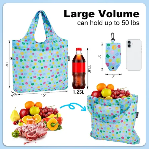 Vista 3 de HOLYLUCK Bolsas de comestibles reutilizables, bolsa de compras plegable resistente (estándar, 3 huellas de patas de perro azules)