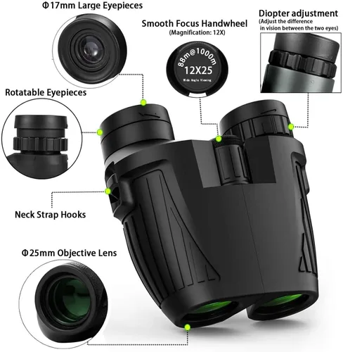 Vista 2 de EKsma Binoculares pequeños y compactos ligeros de 12 x 25 pulgadas para ópera de teatro. Mini prismáticos plegables de bolsillo con lente totalmente
