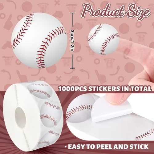Vista 2 de Whaline 1000 calcomanías de béisbol, rollo de pelota deportiva, calcomanías de papel autoadhesivas redondas decorativas para cumpleaños, escuela