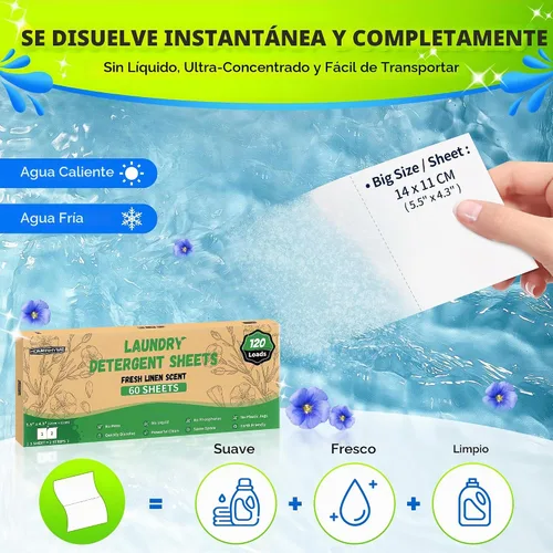 Vista 2 de Sábanas de detergente para ropa – Fresh Linen 120 Cargas de detergente para ropa sucia a granel, detergente de viaje a granel, ecológicas e