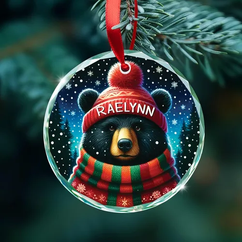 Vista 3 de Adorno de cristal de oso personalizado 2025, regalo de Navidad de oso para hijo, hija, amantes de los animales, adornos personalizados de osos