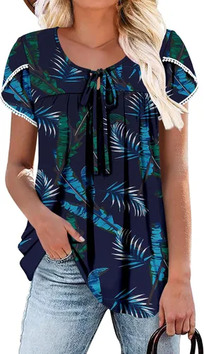 Vista 44 de BETTE BOUTIK Blusas de verano para mujer, plisadas, de manga corta, con cordón, cuello redondo, tallas S-3XL
