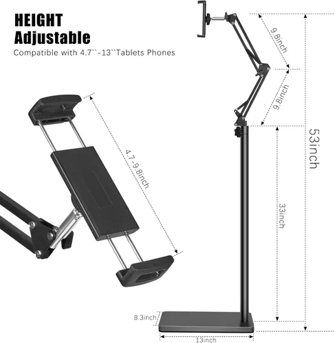 Vista 7 de Lucky Trip Soporte de suelo para tablet con base estable de doble resistencia que nunca se vuelca, altura ajustable, giratoria, soporte