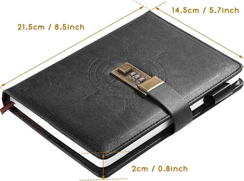 Vista 2 de Kesote Diario Negro con Cerradura, Cuadernos de Diario con Cerradura de Cuero Sintético Rellenable, Planificador Organizador con Bolígrafo, A5
