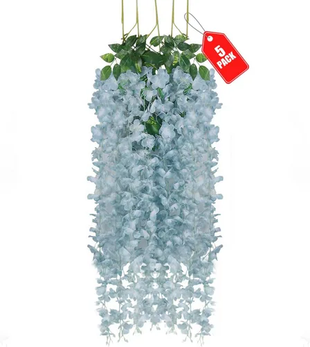 Vista 12 de Paquete de 12 flores colgantes de glicina rosa, flores colgantes falsas de 3.44 pies, guirnalda de glicina artificial para decoración de boda, telón