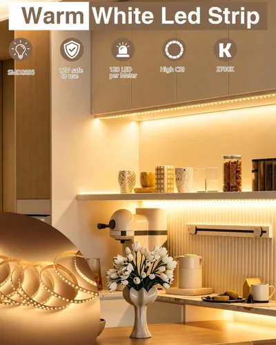 Vista 2 de VST - Tira de luces LED de 12 V, 2835 cortables, conectables, 120 LEDs/m Flexible & Dimmable LED Tape Light for Indoor Under Cabinet Bedroom