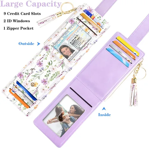 Vista 4 de Cartera delgada para mujer, con bloqueo RFID, de cuero, con múltiples tarjetas, con borla, bolsillo para monedas, Margarita Blanca