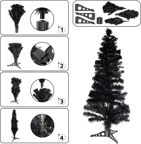 Vista 2 de Árbol de Navidad con soporte de plástico, 3 pies, PVC (negro)