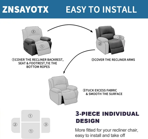 Vista 7 de ZNSAYOTX 2026 Funda elástica para sillón reclinable de 3 piezas (61 cm-94 cm) Fundas súper suaves para silla reclinable con bolsillo grande y lazos
