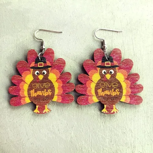 Vista 2 de Caiyao Lindos aretes de madera de pavo de dibujos animados de Acción de Gracias para mujeres y niñas ligeros aretes de Acción de Gracias resina