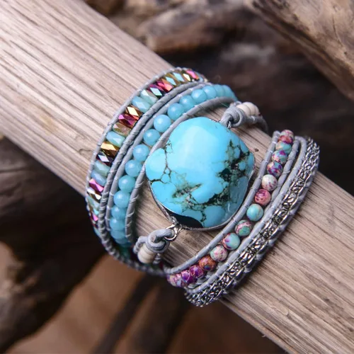 Vista 4 de Ygline Pulsera bohemia hecha a mano, con piedra de cristal, envolvente, de cuero, para mujer