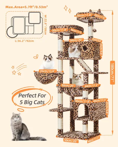 Vista 20 de Taoqimiao Árbol para gatos de 57.5 pulgadas, torre para gatos de interior para adultos, condominio extragrande para gatos, 8 postes rascadores