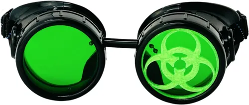 Vista 7 de UMBRELLALABORATORY Steampunk Mad Scientist - Gafas de disfraz de científico loco, accesorios de disfraces, gafas de cosplay verdes retro redondas