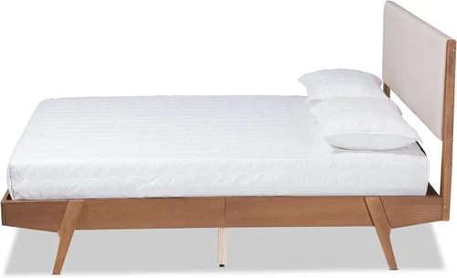 Vista 4 de Baxton Studio Senna Mid-Century - Cama de plataforma tapizada de tela beige moderna y acabado marrón nogal, tamaño Queen