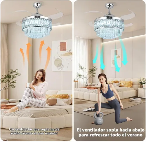 Vista 6 de Ventilador de techo retráctil de cristal con luces, ventilador de techo Bluetooth con altavoz, cuchillas reversibles de 6 velocidades, luz LED RGB