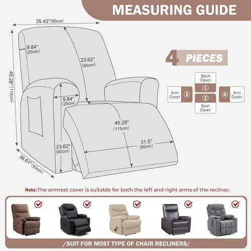 Vista 2 de vctops Funda reclinable con diamantes de 4 piezas, funda elástica para sofá reclinable de 1 plaza, protector suave y sólido para muebles con correa