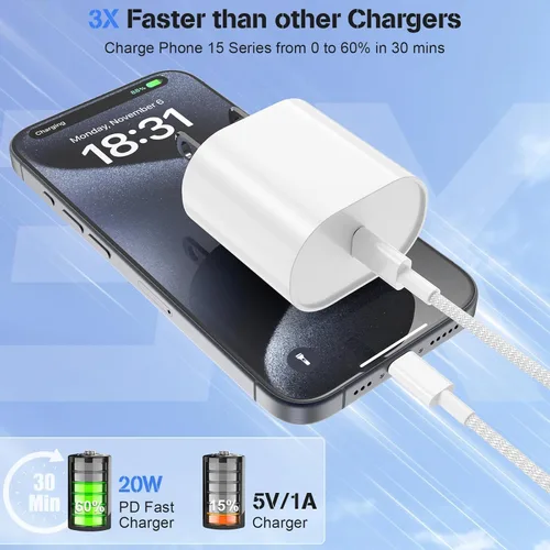 Vista 7 de Cargador para iPhone 17 y 16, carga rápida, tipo C, 20 W, USB C, bloque para iPad, con cable USB-C tejido de 6 pies, sincronización de datos de 60 W