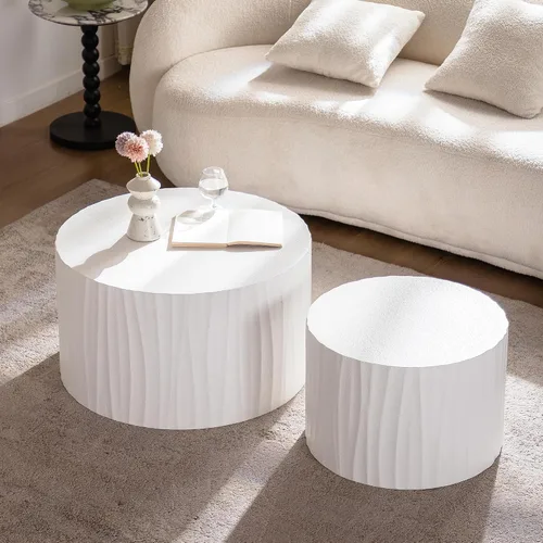 Vista 27 de Juego de 2 mesas auxiliares redondas de 42.52 pulgadas, color blanco, para sala de estar, diseño contemporáneo de círculo de madera en relieve, sin