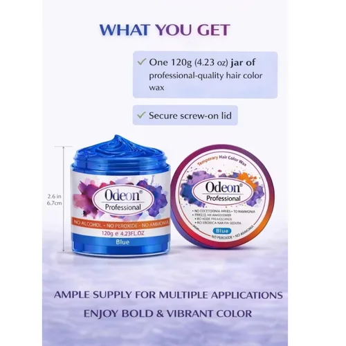 Vista 6 de Odeon Cera de color azul para el cabello, 4.23 onzas, tinte temporal lavable para el cabello con cera de abejas y árbol de té, fácil de peinar