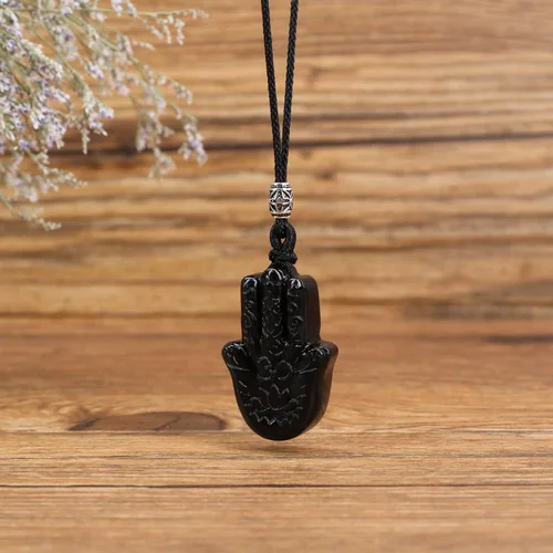 Vista 5 de COAI Collar de mano Hamsa curativa de obsidiana negra Piedra