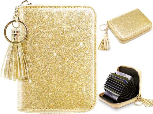 Vista 2 de Billetera pequeña para tarjetas de crédito RFID con purpurina linda para mujer