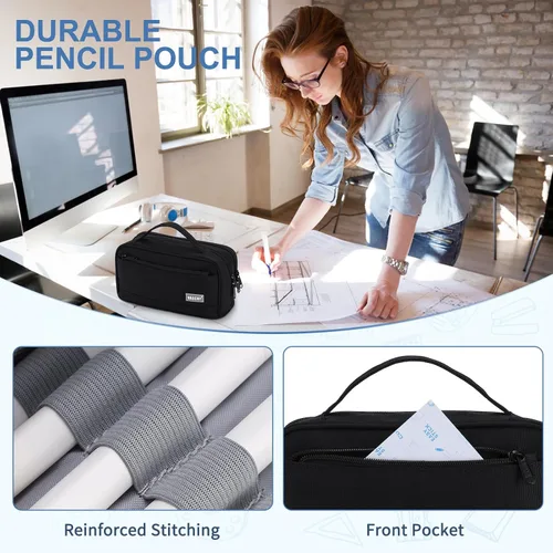 Vista 5 de VASCHY Estuche para lápices, organizador grande con cremalleras y asa superior, suministros escolares para niños, adolescentes, estudiantes