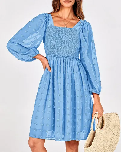 Vista 7 de BTFBM Vestidos fruncidos con cuello cuadrado para mujer, verano, otoño, manga larga, floral, lunares suizos, volantes, mini vestido bohemio