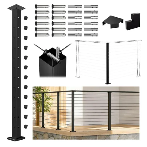 Vista 11 de Muzata Kit de barandilla de cable modular negro de 4 a 8 pies, kit de postes de 42 pulgadas, juego completo de sistema de barandilla de cable