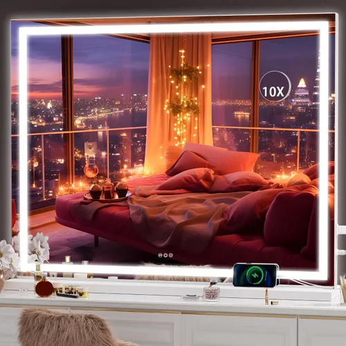 Vista 31 de Hasipu Espejo de tocador con luces, espejo LED de maquillaje de 31.5 x 22 pulgadas, espejo de maquillaje iluminado con 3 modos regulables, espejo