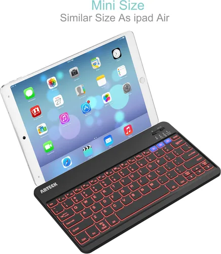 Vista 3 de Arteck HB220B Universal Retroiluminado 7 colores y brillo ajustable Multi-dispositivo delgado portátil inalámbrico Bluetooth 3.0 teclado para iOS