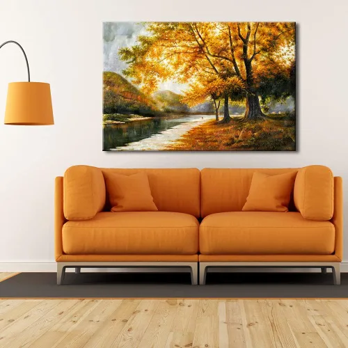 Vista 4 de Wieco Art Lienzo de giclée impresiones de arte de pared por pinturas al óleo, grandes árboles contemporáneos de otoño, imágenes para sala de estar