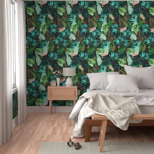 Vista 5 de Spoonflower Papel tapiz para despegar y pegar, hojas oscuras tropicales, hojas de plátano, selva, palma, verde, papel tapiz extraíble personalizado