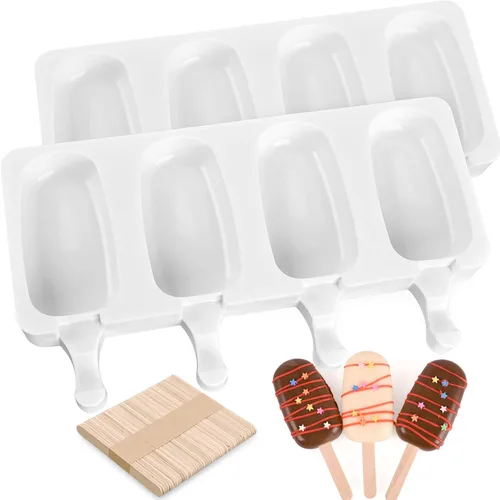 Vista 21 de WMKGG Juego de moldes de silicona para paletas, 2 piezas de moldes para helado con 50 palitos de madera para pastelitos, paletas de hielo, Azul