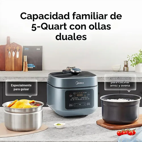 Vista 3 de Midea Olla a presión eléctrica 8 en 1 con ollas dobles, olla de cocción lenta programable multifuncional, olla arrocera, vaporera, sartén