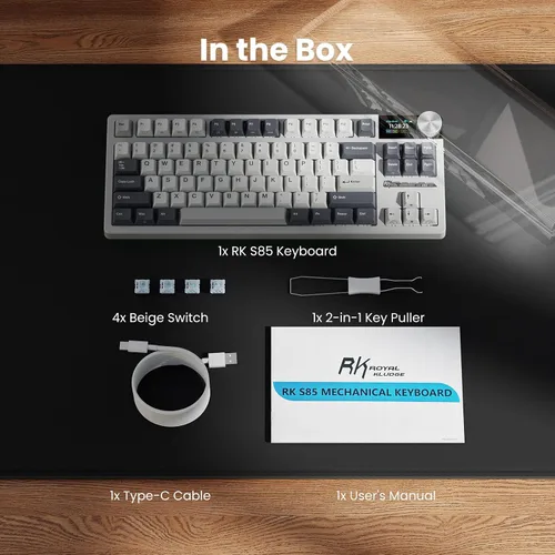 Vista 8 de RK ROYAL KLUDGE Teclado mecánico inalámbrico S85, teclado TKL con pantalla y perilla de trinquete, Bluetooth2.4GHzUSB-C, interruptores silenciosos