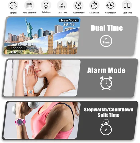 Vista 19 de Beeasy - Reloj digital de pulsera resistente al agua con cronómetro, alarma, cuenta regresiva, doble zona horaria, ultrafino, pantalla angular muy