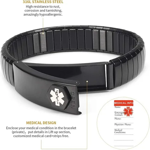 Vista 11 de Pulsera de alerta médica para hombres y mujeres, pulsera de identificación médica ajustable ajustable de acero inoxidable para diabetes, alergias