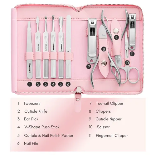 Vista 4 de Familife - Juego de manicura, kit de manicura profesional, 11 piezas, cortaúñas para mujeres, kit de regalo para ella