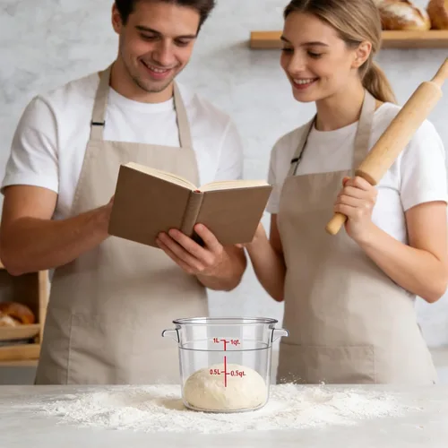 Vista 7 de Paquete de 4 recipientes de almacenamiento de alimentos con tapa, caja de almacenamiento redonda de plástico con escala y agarre, perfecto