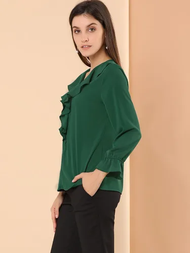 Vista 4 de Allegra K Blusa con volantes para mujer, elegante, cuello en V, manga larga, informal, elegante