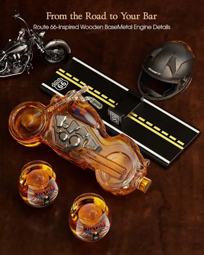 Vista 4 de Kollea Regalos de cumpleaños para hombres, papá, juego de decantador de whisky de motocicleta con 2 vasos, dispensador de licor para bar en casa