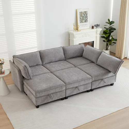Vista 13 de ORRD Juego de sofá modular esquinero de gran tamaño, sofá convertible en forma de L con almacenamiento, sofá modular de 8 plazas con otomanas y Beige