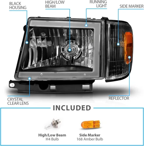 Vista 4 de AmeriLite para camioneta Toyota Tacoma 2WD 1997-2000, faros delanteros de tubo LED negros de repuesto + juego de luz de esquina - lado del pasajero