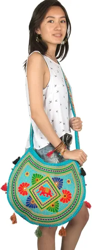 Vista 4 de Tribe Azure Fair Trade Hippie Sling Bolso cruzado hecho a mano Boho Chic Patchwork Bordado Bolso de Hombro Azul Gitano, Azul