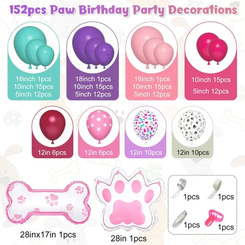 Vista 2 de Kit de arco de guirnalda de 147 piezas de globos con diseño de pata con globos con estampado de pata de perro rosa, morado, turquesa, globos